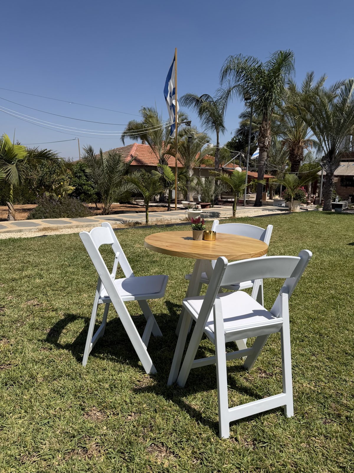 פינת קפה עם פלטה בגוון עץ ושלושה כיסאות לבנים