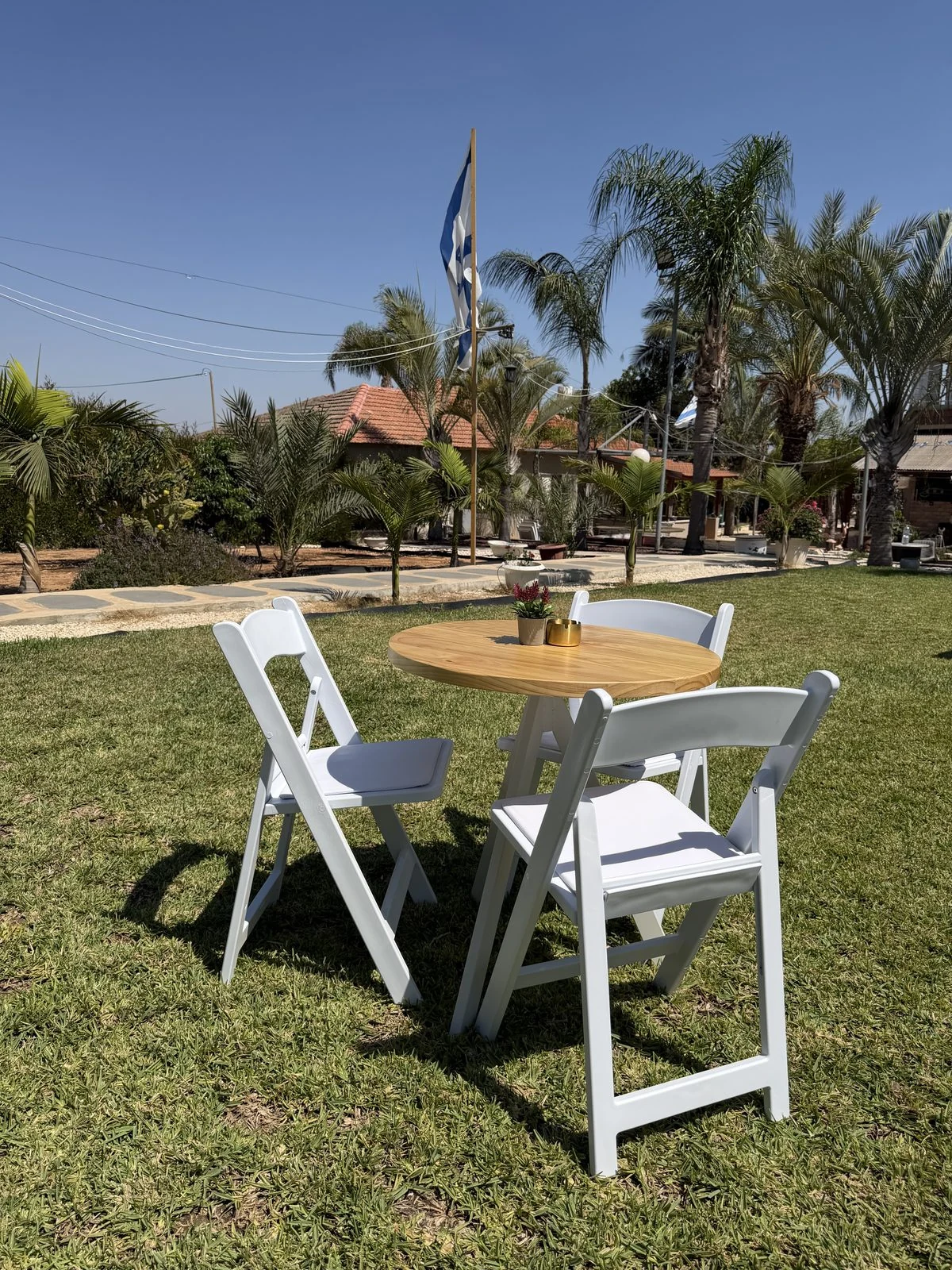 פינת קפה עם פלטה בגוון עץ ושלושה כיסאות לבנים